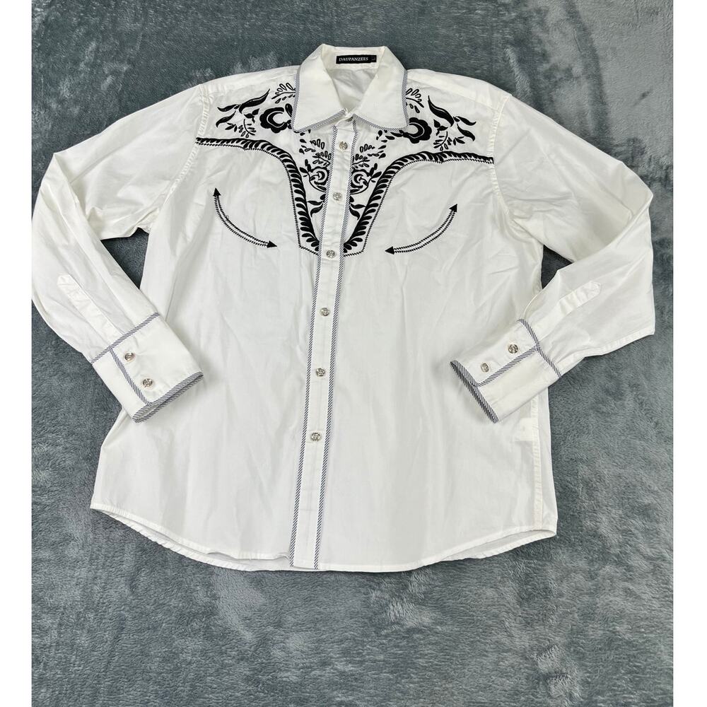 men's large Daupanzees white and black Western long-sleeve button-up excellent